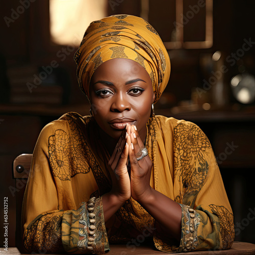 A grandiosely grateful African woman in her 30s expresses extreme gratitude against a golden yellow pastel backdrop. photo