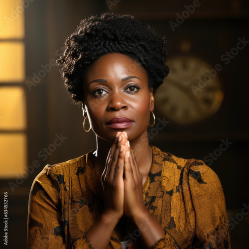 A grandiosely grateful African woman in her 30s expresses extreme gratitude against a golden yellow pastel backdrop. photo