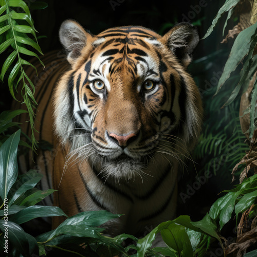  A fierce Bengal Tiger prowls through a dense jungle  exuding strength and mystery. 