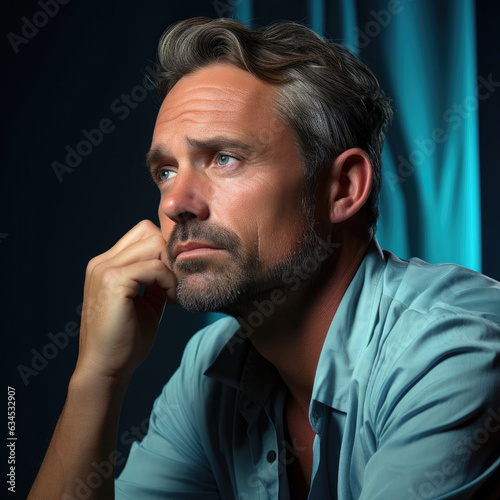A thoughtful man in his 40s reflects deeply in a serene studio setting.