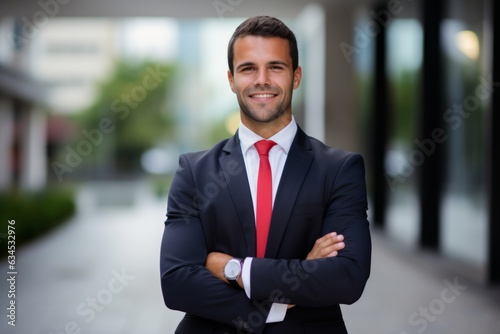 Portrait of a smiling businessman with his arms crossed standing outside office building photo