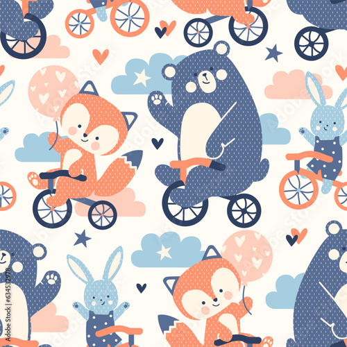 Seamless pattern with adorable funny animals. Cute friends cycling on bicycles. Hand drawn tile printable background, wrapping paper, fabric.