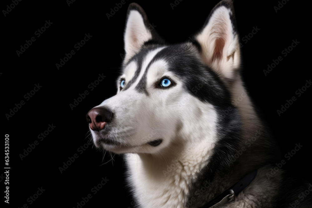 A stunning Siberian Husky with blue eyes and a black-and-white coat on a solid black background.