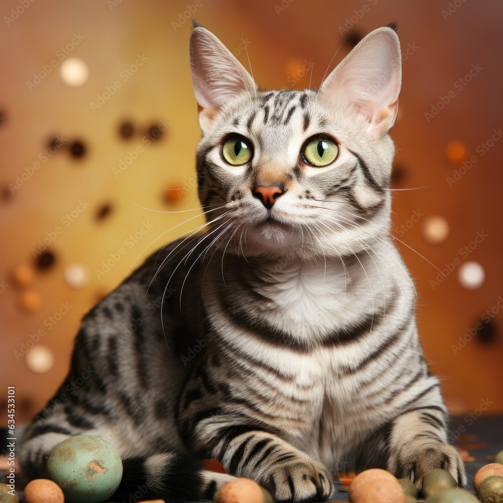 A ready-for-exploration Egyptian Mau with a spotted coat and green eyes poses against a sand-colored pastel background. A ready-for-exploration Egyptian Mau with a spotted coat and green eyes poses against a sand-colored pastel background.