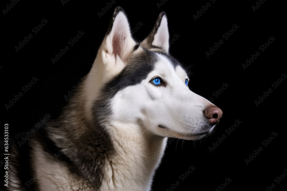 A stunning Siberian Husky with blue eyes and a black-and-white coat on a solid black background. A stunning Siberian Husky with blue eyes and a black-and-white coat on a solid black background.