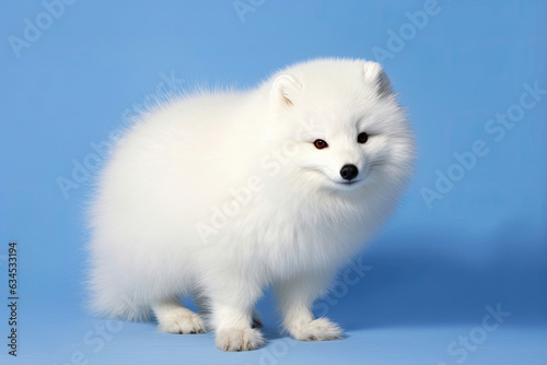 "An adorable Arctic Fox with puffed-out fur and slitted eyes captured mid-shake against a blue background."