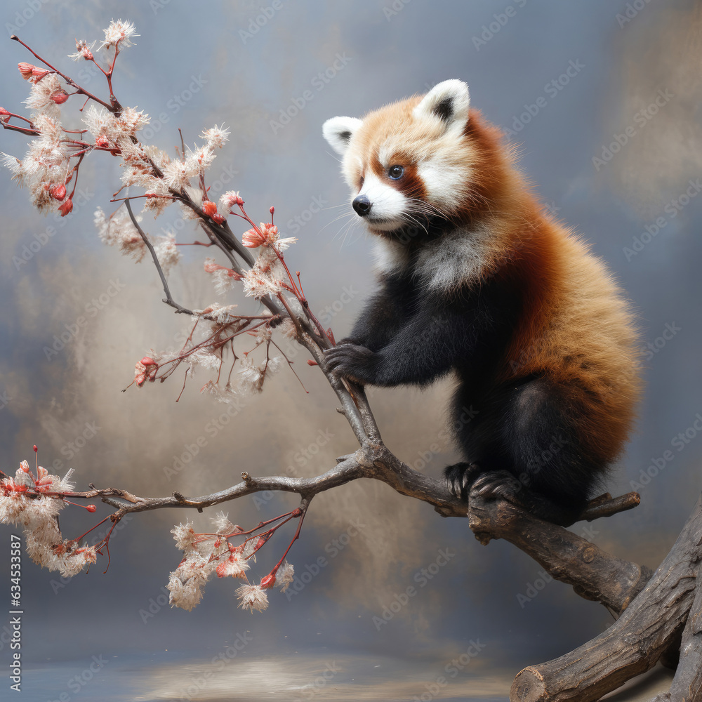 Obraz premium A playful red panda with a fluffy tail climbs against a pastel backdrop, exuding whimsical charm.