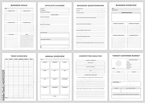 Minimalist planner pages templates. Printable Business Planner Set . Business Goals,Affiliate Planner, Branding Questionnaire, Business Overview, Term Overview, Annual Overview, Competitor Analysis,