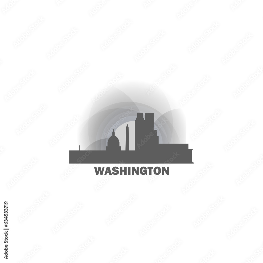 USA United States Washington DC cityscape skyline city panorama vector flat modern logo icon. US capital emblem idea with landmarks and building silhouette at sunrise sunset