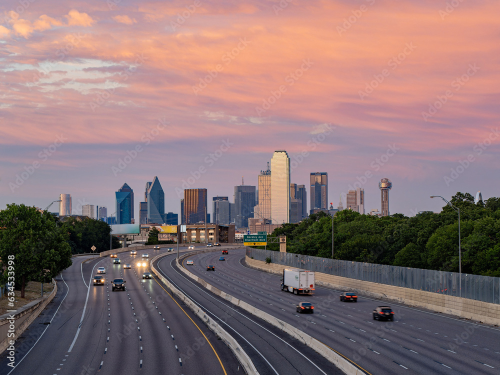 Sunset Dallas skyline with highway
