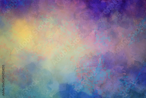 Colorful background. Cloudy watercolor painted texture in abstract background design. Purple blue pink and yellow sunset sky colors. © Abbies Art Shop