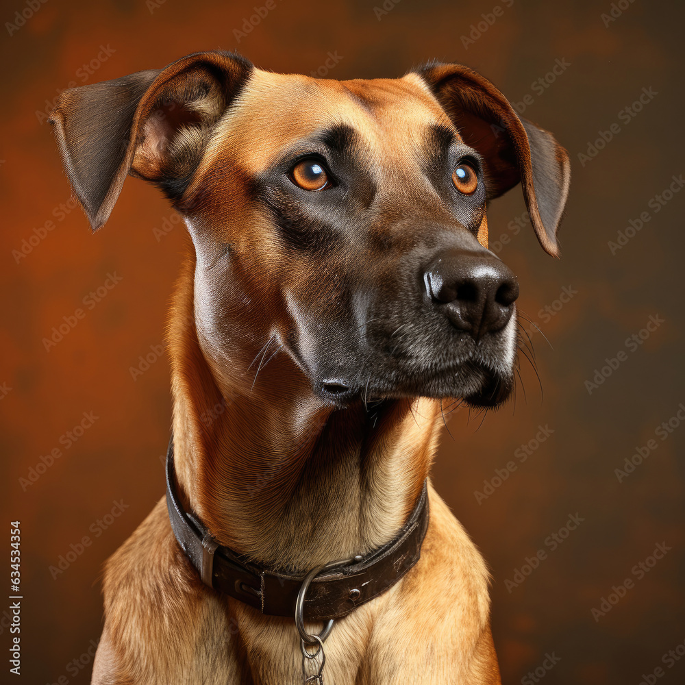 A protective and intelligent Belgian Malinois in a studio.