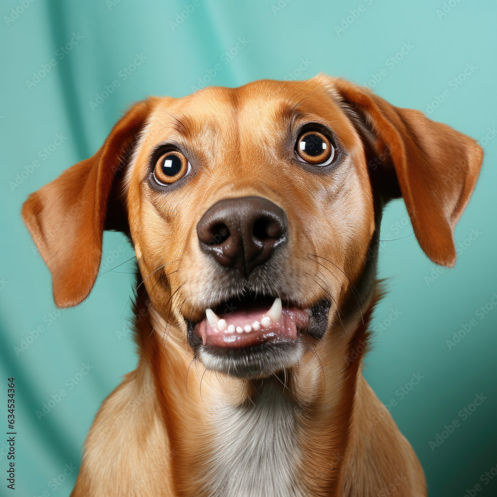 A surprised dog's image is captured in a studio with a pastel mint background, showing a clear expression of astonishment.