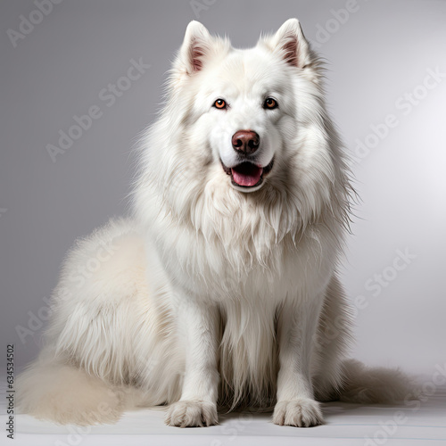 A majestic Samoyed radiates beauty and confidence in a studio.