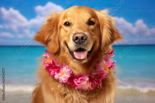 "A Golden Retriever wearing a floral lei prepares for a swim against a tropical beach backdrop."