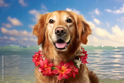 "A Golden Retriever wearing a floral lei prepares for a swim against a tropical beach backdrop."