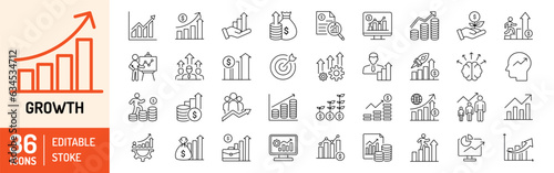 Growth editable stroke outline icons set. Growth, income, business, improvement, increase, development, process, gain and evolution. Vector illustration