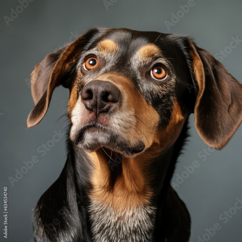 A bewildered dog with a tilted head photographed against a grey pastel backdrop.