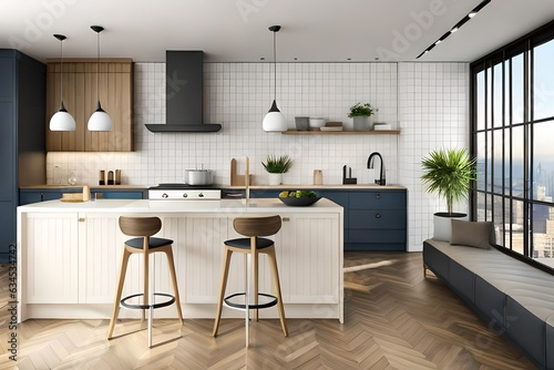 Modern kitchen interior with furniture, kitchen interior with white wall. 3D rendering
