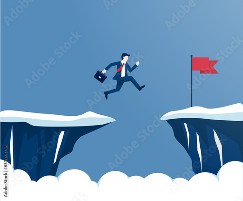 businessman jumped over the cliff to the red flag. Concept of business risk and success. Crossing obstacles to goals. Business competition and leadership. vector illustration in flat style design.