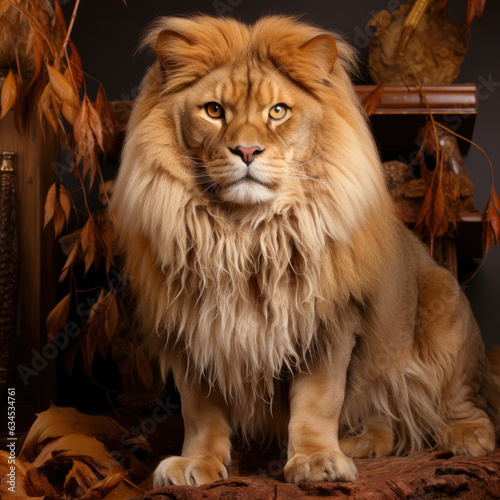 A powerful lion with intense eyes and a regal mane exudes strength and nobility against a golden pastel background.