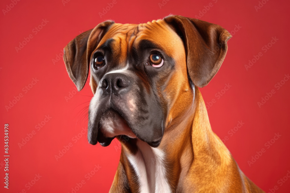 A sweet and apologetic-looking Boxer dog with a fawn coat and expressive eyes against a deep red backdrop.