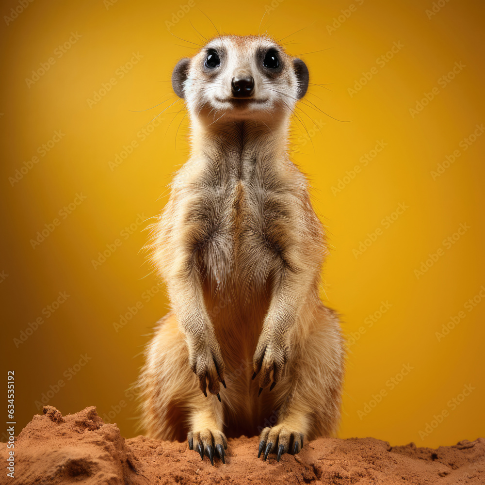 Fototapeta premium A vigilant and inquisitive meerkat stands on its hind legs against a solid brown background.