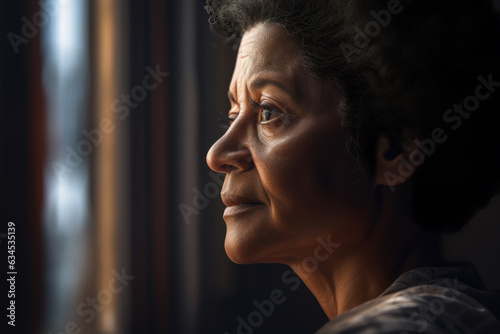 Portrait of middle age black woman, indoors, looking out window with contemplative expression