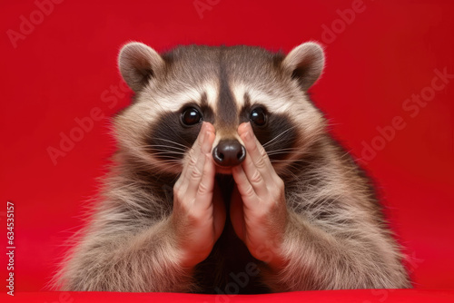 A mischievous raccoon with mask-like facial markings and clever eyes looking straight at the camera against a red background. © blueringmedia