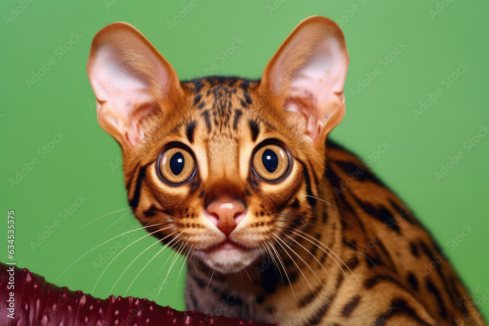 A curious Bengal cat with a leopard-like coat and bright green eyes exhibits a playful curiosity.