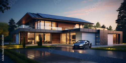 house in the night, Evening view of a modern house with solar panels and electric cars © Muhammad