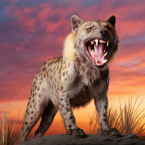 A cheerful hyena with a wild mane and expressive eyes laughs against a pastel backdrop, conveying mischief and joy.