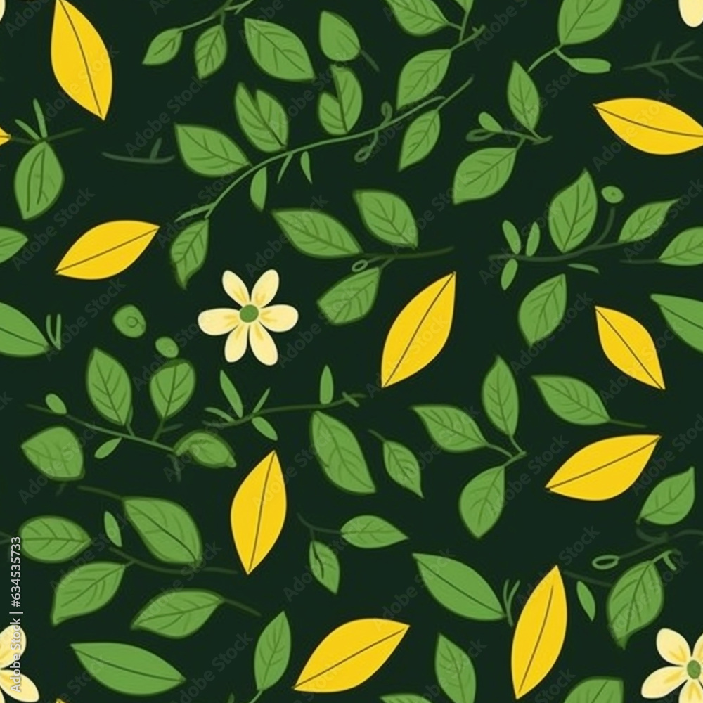seamless pattern nature elements, leaves, pollen, blossom, stem, flat design, vector graphic