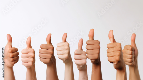 Various hand show thumbs up, like concept, white background.