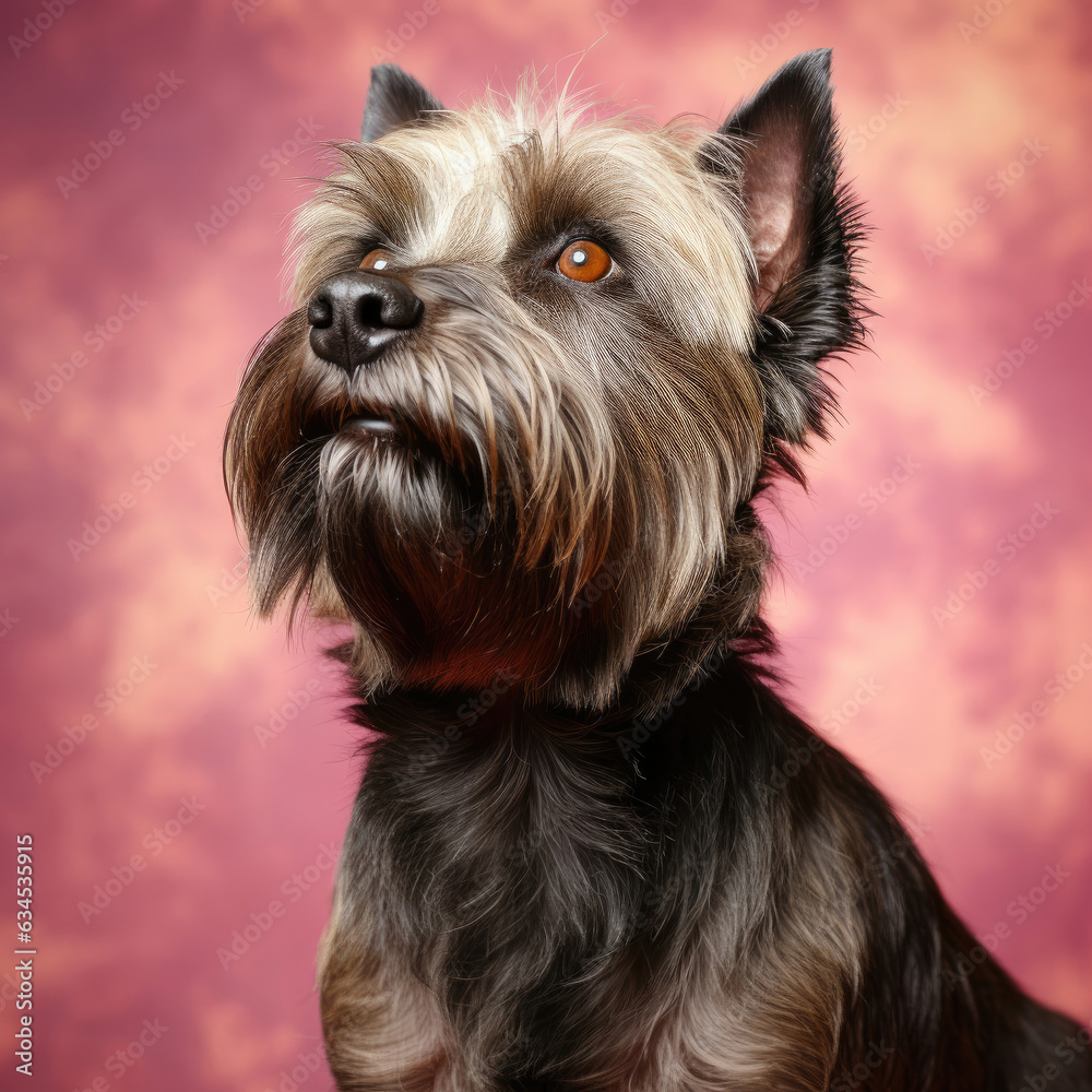 A charming Cairn Terrier with a quizzical expression and scruffy coat poses in a studio with a pink pastel background.