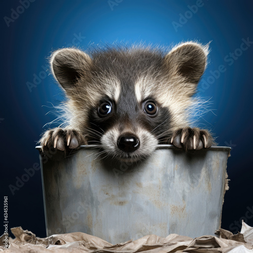 A mischievous raccoon with nimble paws and masked eyes peeks from a trash can against an urban pastel background, conveying curiosity and cleverness.