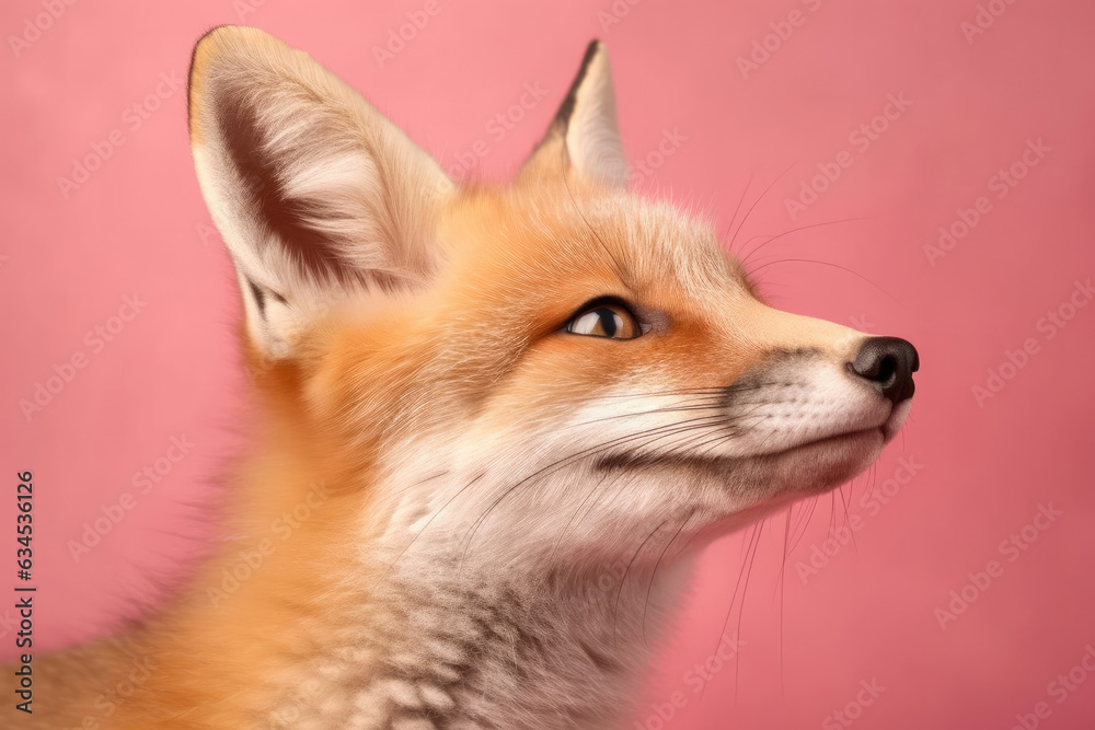 Fototapeta premium Charming image of a red fox with a knowing gaze against a soft pink background.
