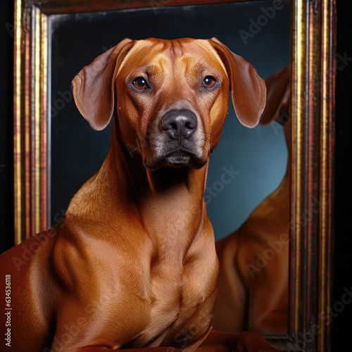 A Rhodesian Ridgeback gazes at its reflection in a studio with a copper pastel backdrop, conveying self-awareness and intelligence. photo