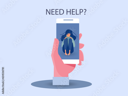 Crisis hotline. Need help? Hand holding a smartphone. New technologies. Therapy. Appointment. Mental health. Millennials. Young lonely male character hugging his knees.