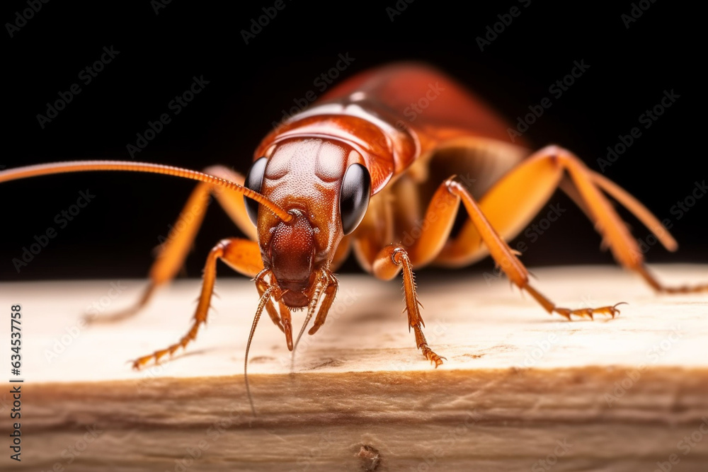 A close-up of a cockroach on a piece of wood, a macro image of a cockroach, Generative AI A close-up of a cockroach on a piece of wood, a macro image of a cockroach, Generative AI