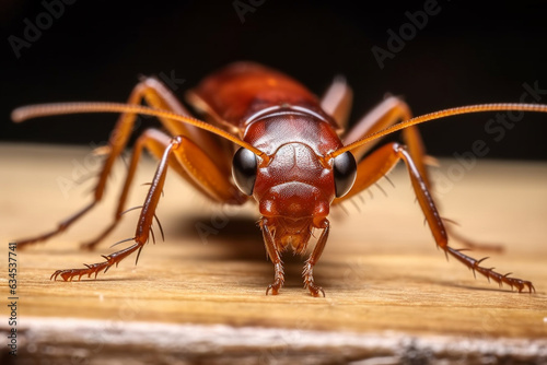 A close-up of a cockroach on a piece of wood, a macro image of a cockroach, Generative AI © Kafi