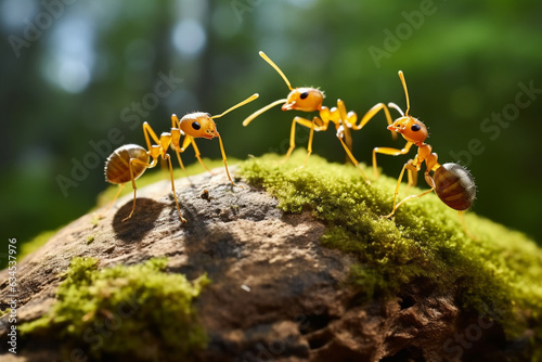 A group of ants standing on top of a rock, a macro image of ants, Generative AI © Kafi