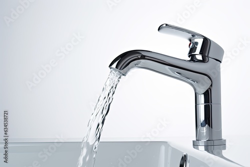 Faucet and water flow on white background