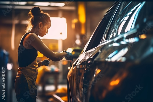 Portrait of female mechanic working in car workshop. Woman repairing a car in auto repair shop