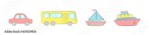 Colorful car, bus, ship and steamer, isolated on a white background. Set of toy transports. Vector elements for cover, greeting card, packaging, signage, label, emblem, print for t-shirt, clothes, bag