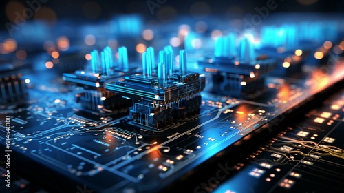 Computer futuristic high tech circuit board with microcircuits and electronic chips with transistors and resistors. AI generated