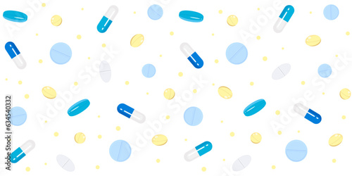 Yellow, blue and white medicines and vitamins on a white background. Medical endless texture. Vector seamless pattern for medical center, pharmacy, hospital. Concept of medicine, health or health care