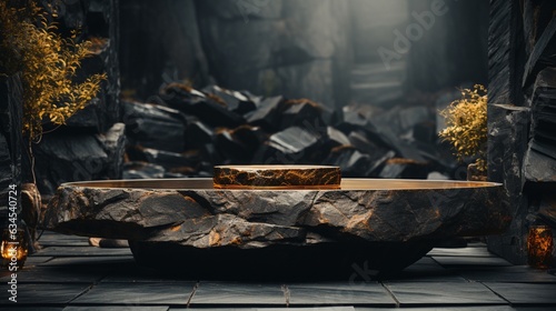 abstract background with black rock cobblestone ruins and golden nuggets levitating.