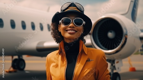 Beautiful of a confident black African American woman in sunglasses and hat cap pilot against the backdrop of a private jet.