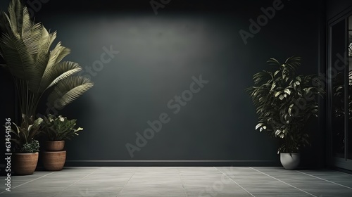 Modern interior design of empty living room and dark wall with plants.